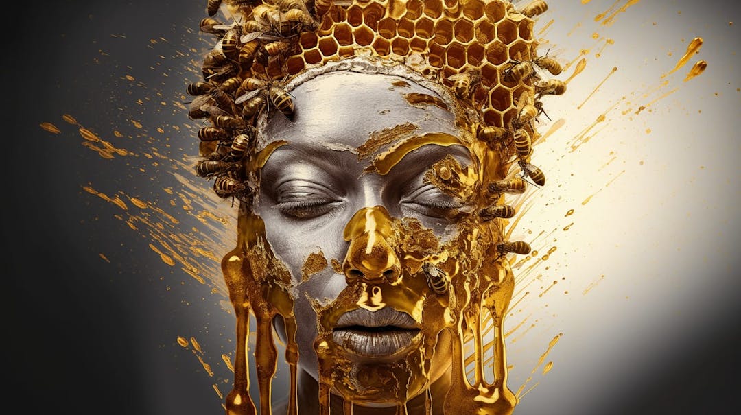 Woman's face covered in honey comb